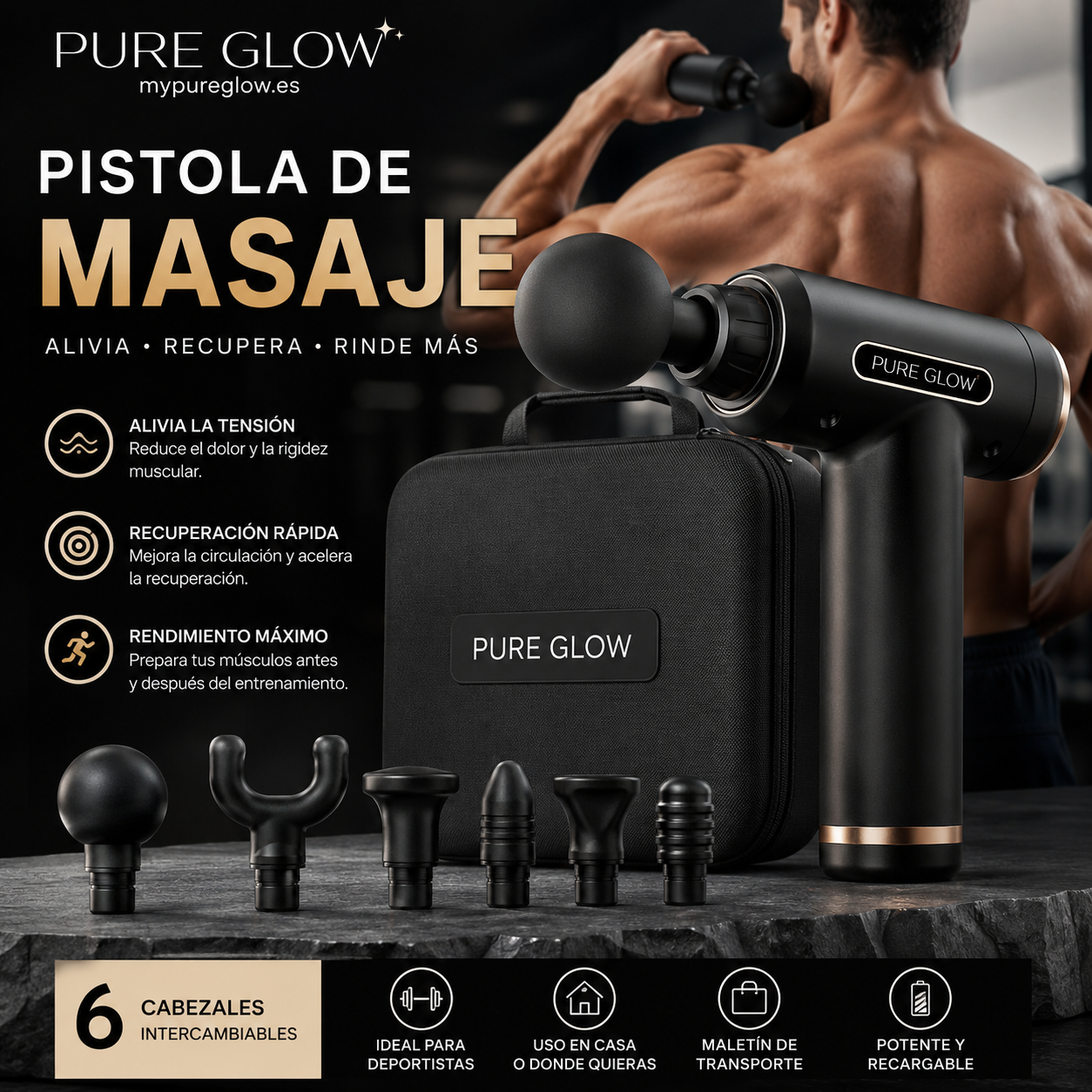 Pistola de masaje grande con maletín + cabezales