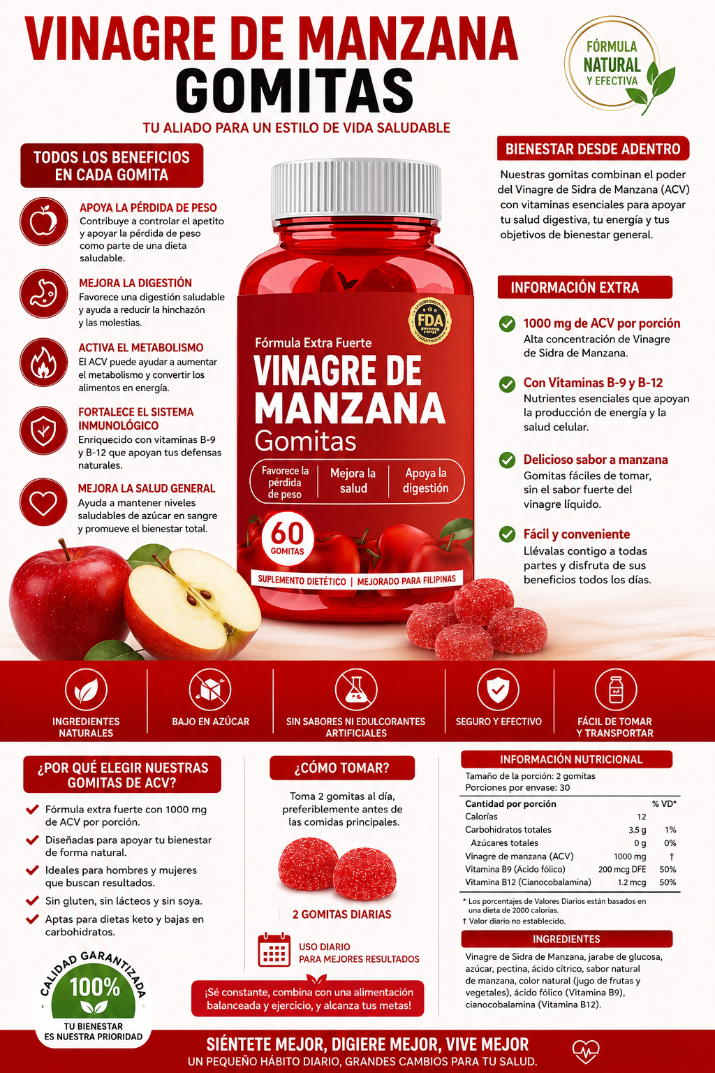 Suplemento gummies de vinagre de manzana 60 unidad