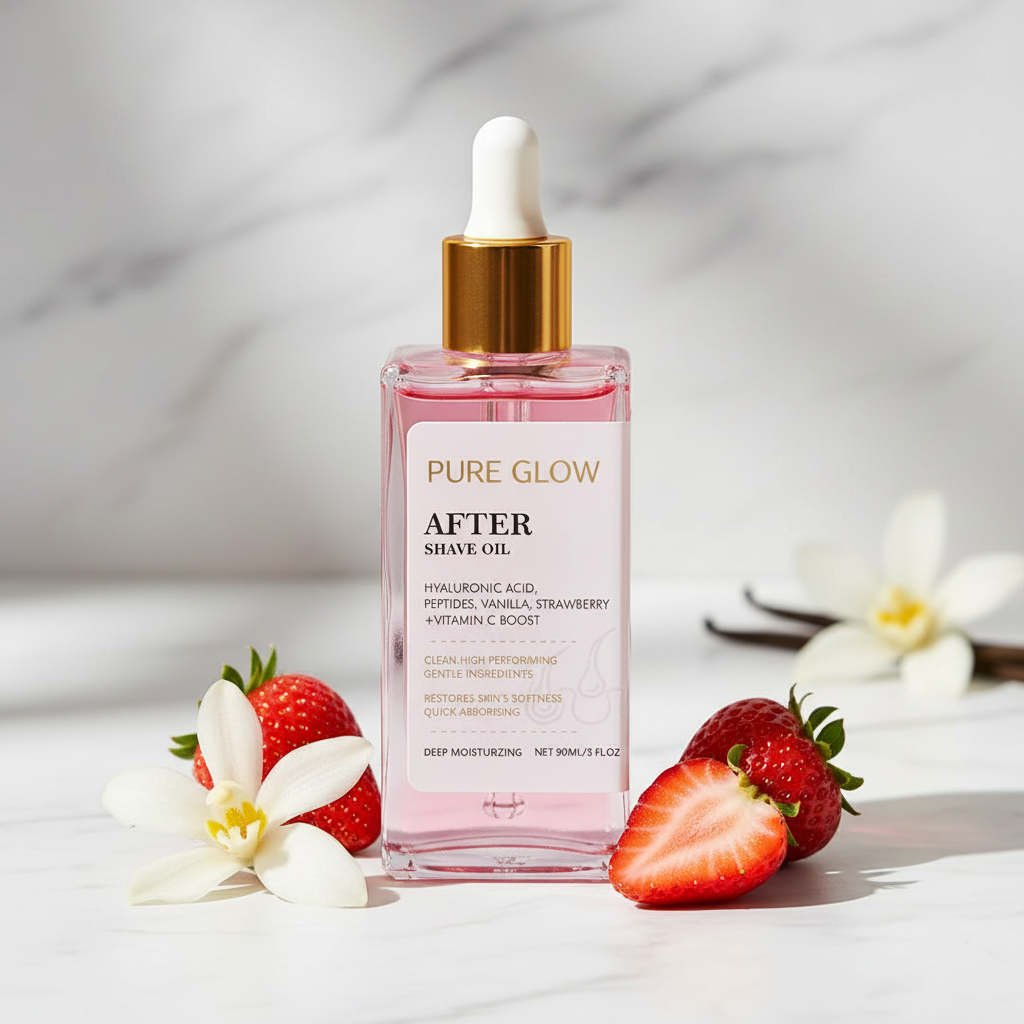 Aceite calmante after shave con fragancia de fresa y vainilla